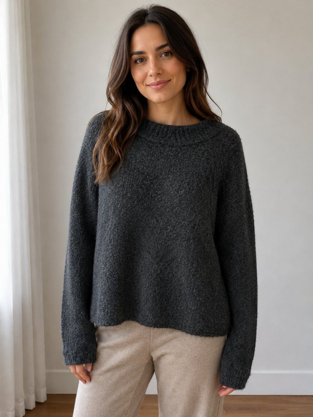 a.n.a Gray Heather Textured Crewneck Pullover Sweater Large